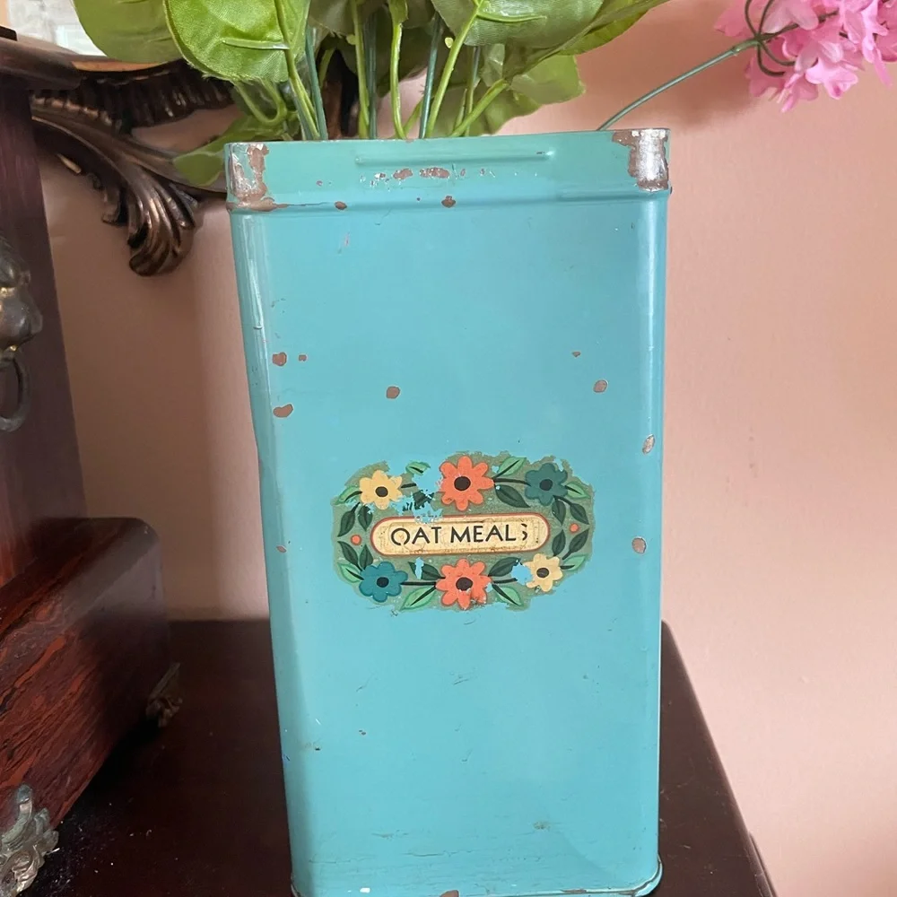 Vintage 30/40s Pink Faux Floral Display Green Tin Oatmeal Canister  10” height
